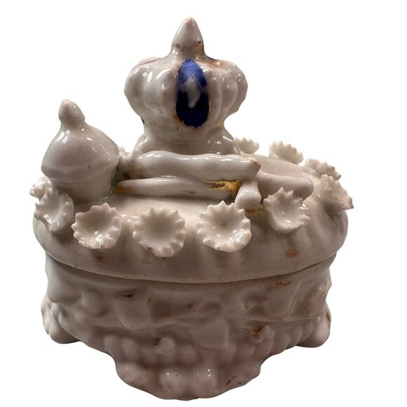 Fairing Box Crown Scepter Floral Vintage Trinket Box Porcelain Lid Antique - Picture 1 of 15